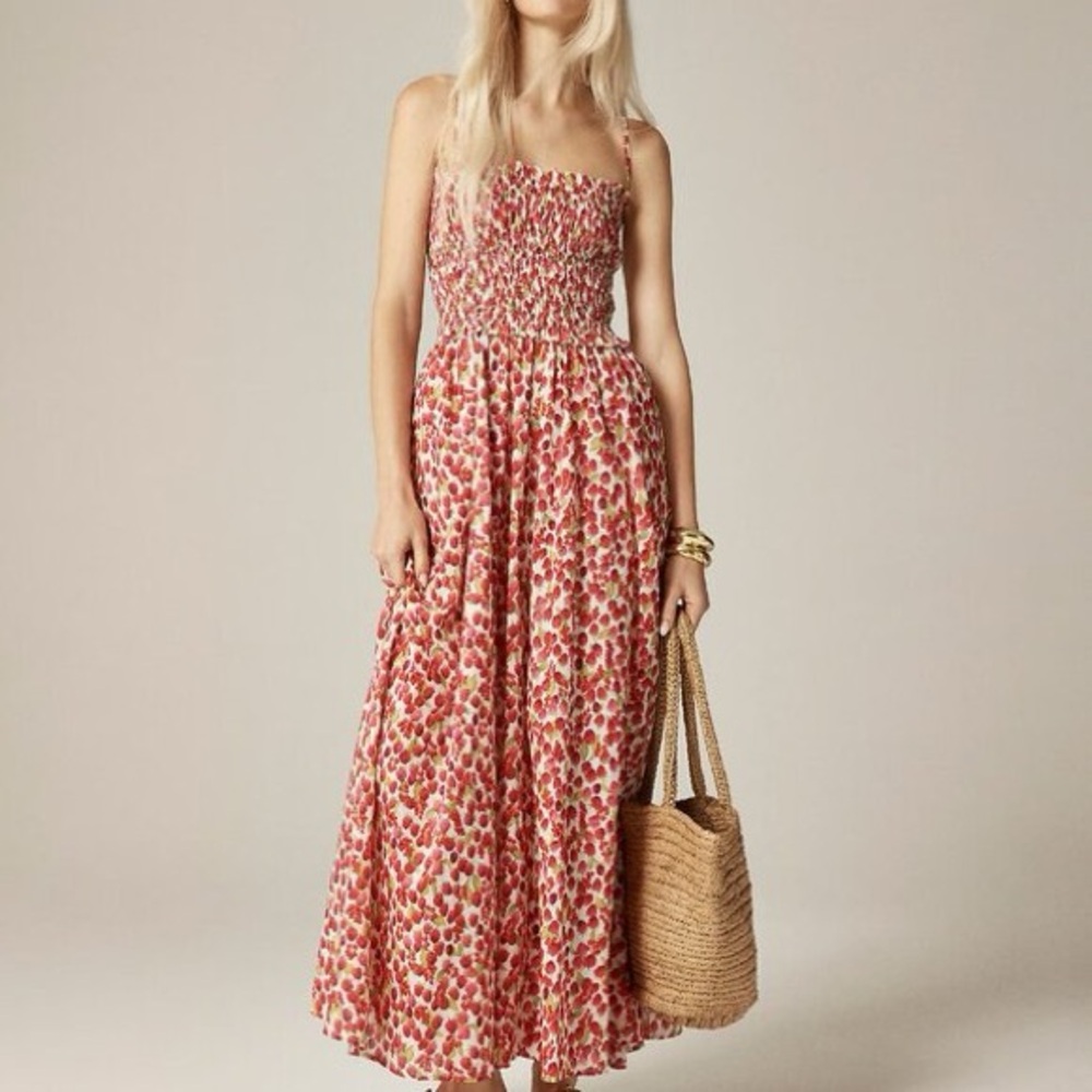 J.Crew Razpberry Print Smocked Maxi Dress w| Adjustable Strap NWOT XXS